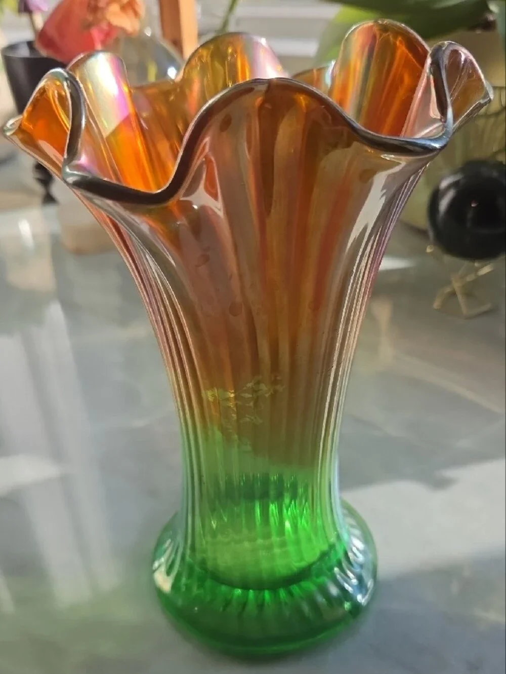 Northwood Green and Orange Glass Vase